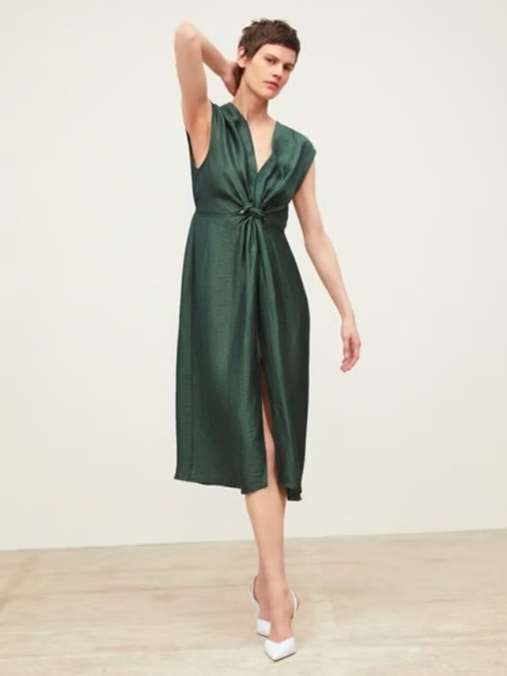 Zara Forest Green Linen Blend Twist Front Midi Dress Size L Sleeveless V Neck
